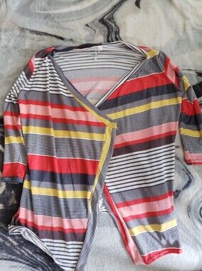 Myobe Striped Women’s Vneck Red Yellow & Gray Wrap Style Sweater XL/XXL